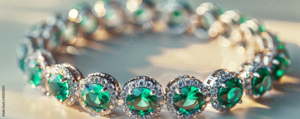 Shiny diamond bracelet with emeralds on white background, 4K hyperrealistic photo Shiny diamond bracelet with emeralds on white background, 4K hyperrealistic photo