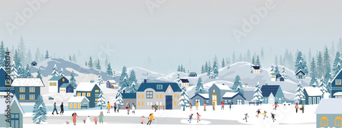 Christmas Background,Winter landscape people celebration in town in city with snow at night,Xmas Seamless pattern Winter wonderland,Vector Holizon banner Cute village house for New Year background