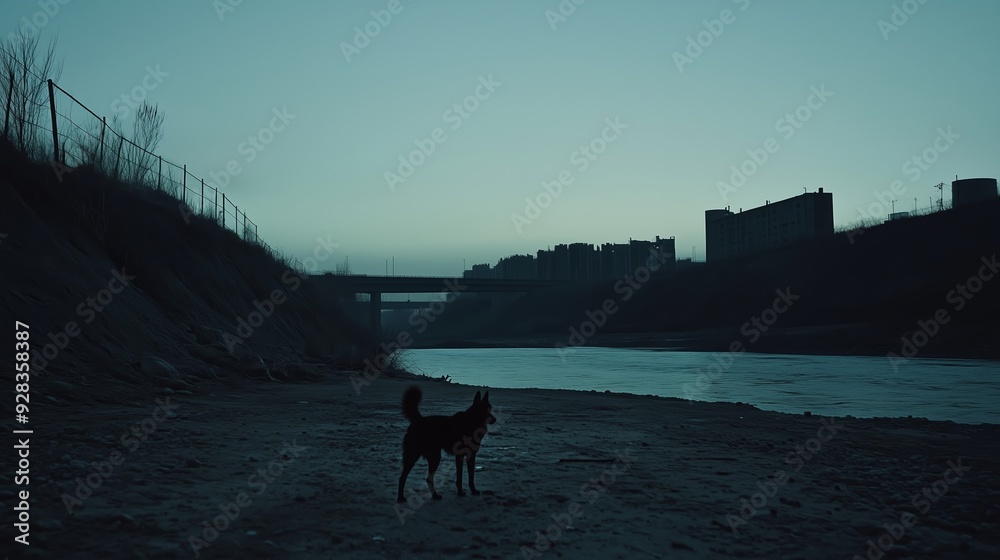 A black dog stands by the riverbank at twilight, with buildings silhouetted against the evening sky A black dog stands by the riverbank at twilight, with buildings silhouetted against the evening sky