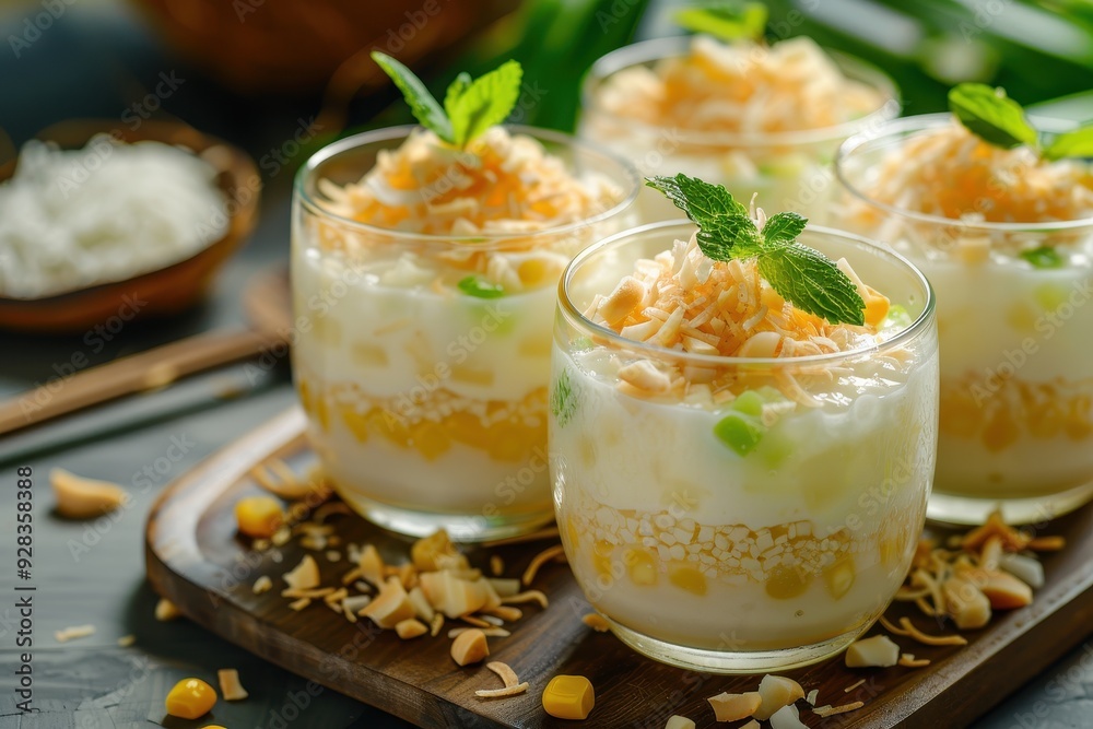 Coconut pudding with water chestnut or corn topping from Thailand Coconut pudding with water chestnut or corn topping from Thailand