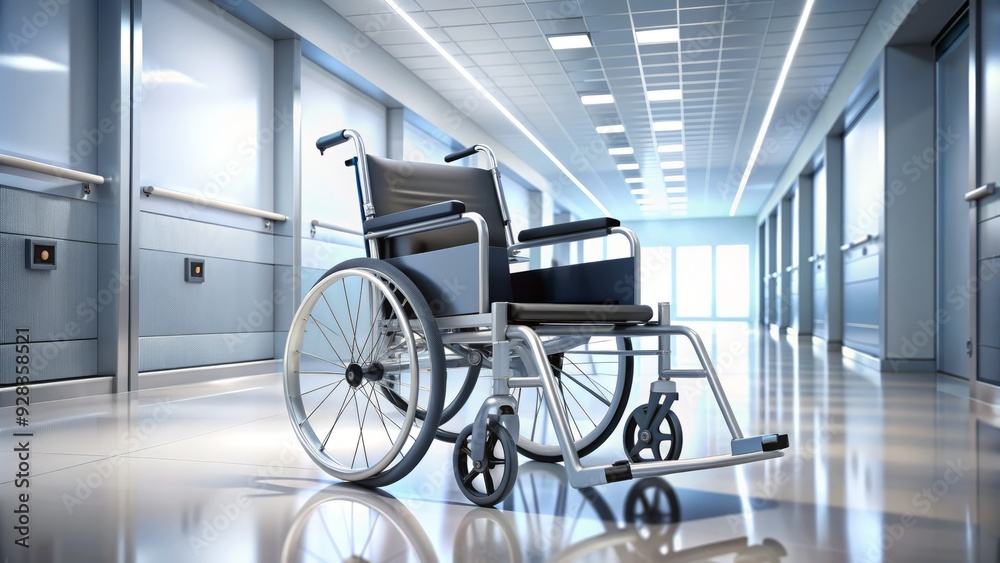 A silver foldable wheelchair with black armrests and footrests sits empty in a modern hospital corridor with bright fluorescent lights and polished floors. A silver foldable wheelchair with black armrests and footrests sits empty in a modern hospital corridor with bright fluorescent lights and polished floors.