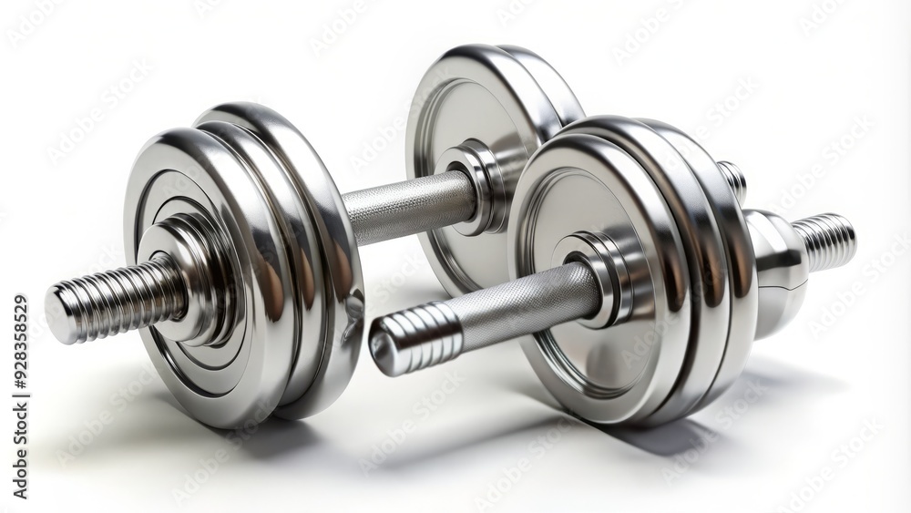 A single pair of silver dumbbells lies horizontally in the center of a pure white background, isolated from any distractions or external objects. A single pair of silver dumbbells lies horizontally in the center of a pure white background, isolated from any distractions or external objects.