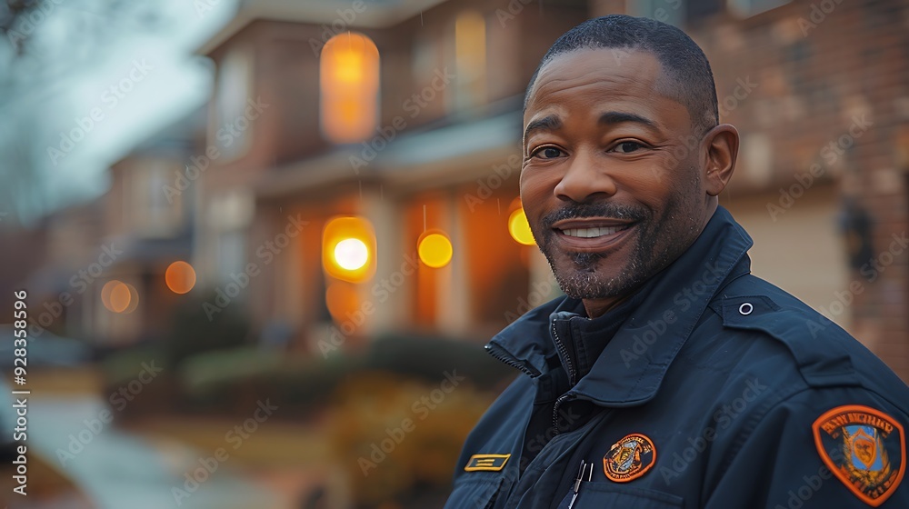 A serene moment of a neighborhood watch member greeting a resident during a patrol, with a friendly smile and a wave, and the background showing a row of warmly lit houses. A serene moment of a neighborhood watch member greeting a resident during a patrol, with a friendly smile and a wave, and the background showing a row of warmly lit houses.