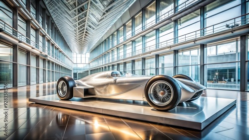 A sleek, silver racing car is displayed on a pedestal in a modern museum, surrounded by glass walls and sleek architecture. photo