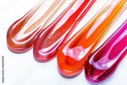 Colorful lip gloss samples on a white background