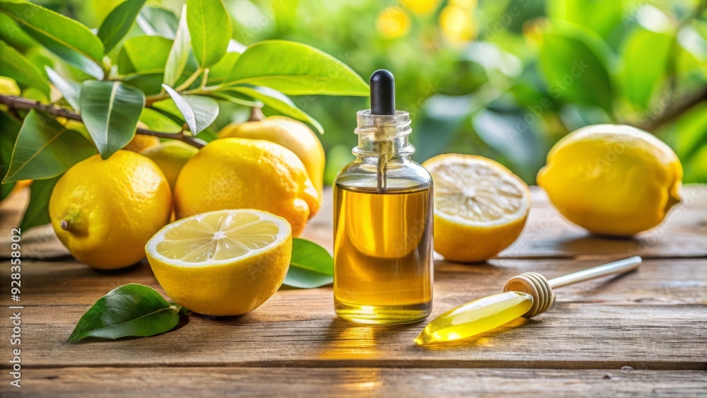 A small bottle of healthy liver oil supplement with a dropper on a wooden table, surrounded by fresh lemons and green foliage, in natural light. A small bottle of healthy liver oil supplement with a dropper on a wooden table, surrounded by fresh lemons and green foliage, in natural light.