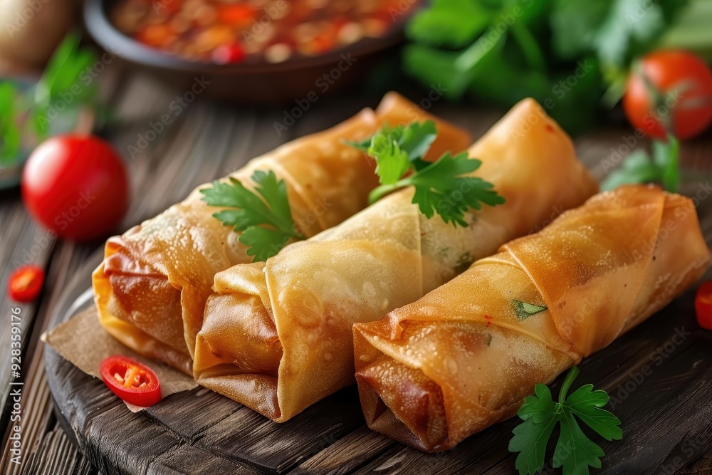 Cooked Chinese spring rolls on wood surface Cooked Chinese spring rolls on wood surface