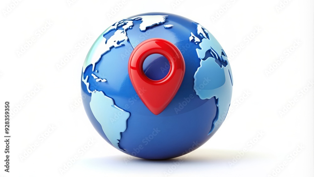 A stylized blue globe with a red location icon, symbolizing global navigation, travel, and exploration, isolated on a white background with subtle shadow effect. A stylized blue globe with a red location icon, symbolizing global navigation, travel, and exploration, isolated on a white background with subtle shadow effect.