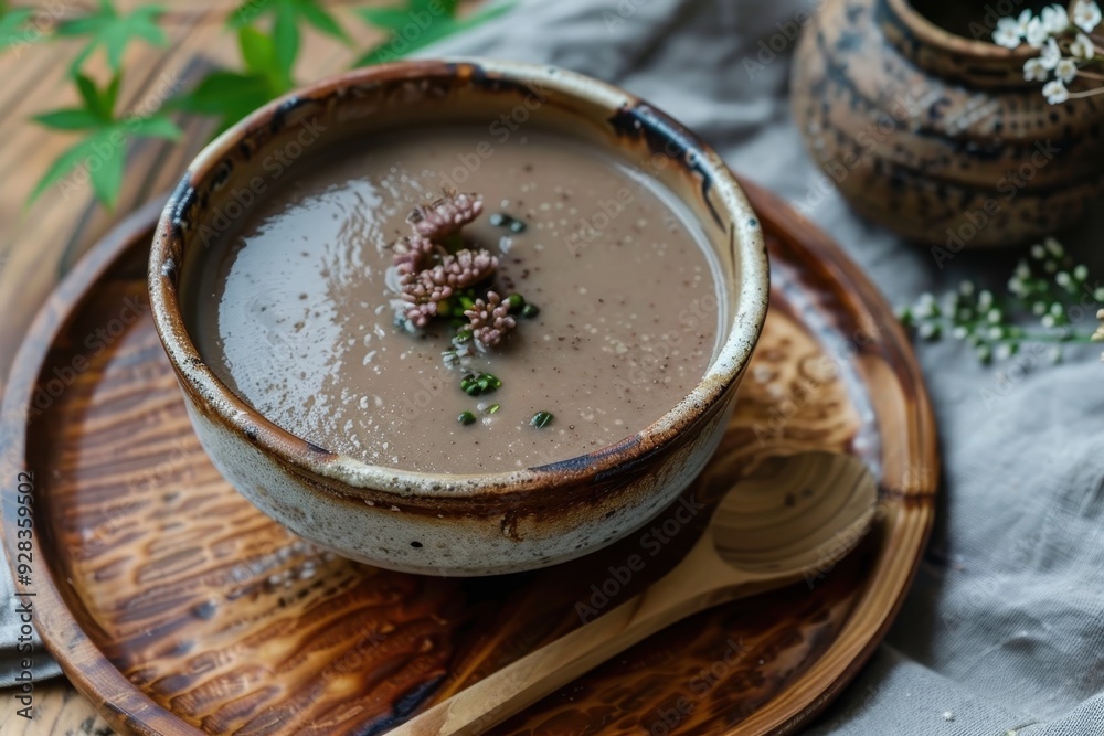 Creamy chestnut soup in wooden bowl overlooking garden
