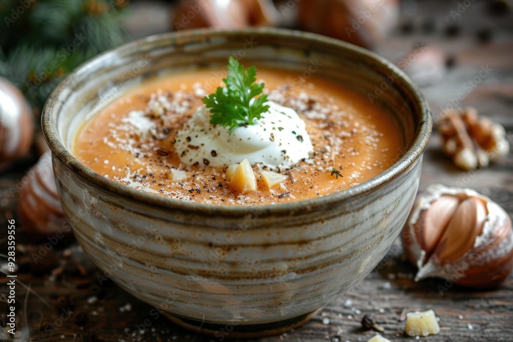 Creamy chestnut soup with sour cream in a ceramic bowl is a nutritious dish Creamy chestnut soup with sour cream in a ceramic bowl is a nutritious dish
