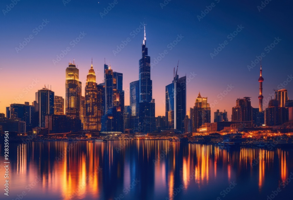 Fototapeta premium breathtaking urban skyline patterns captured dusk glowing lights unique architectural designs, architecture, buildings, city, horizon, evening, structure