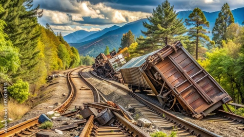 A twisted and mangled freight train lies off the rails, cargo spilling out, amidst a backdrop of damaged trees and scattered debris in a rural landscape. photo