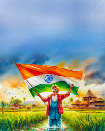 A Watercolor vibrant illustration of A joyful Indiar Farmer, full of pride and energy, holds a large Indian tricolour National flag above his head in celebration of Independence and Republic Day photo