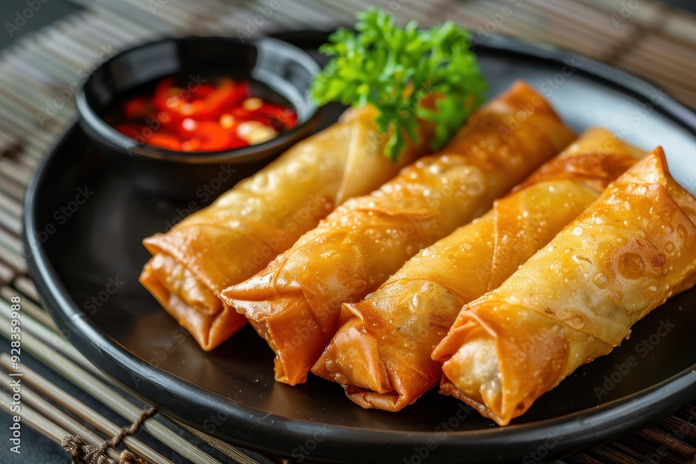 Crispy duck spring rolls with soy sauce and sweet chili dip Crispy duck spring rolls with soy sauce and sweet chili dip