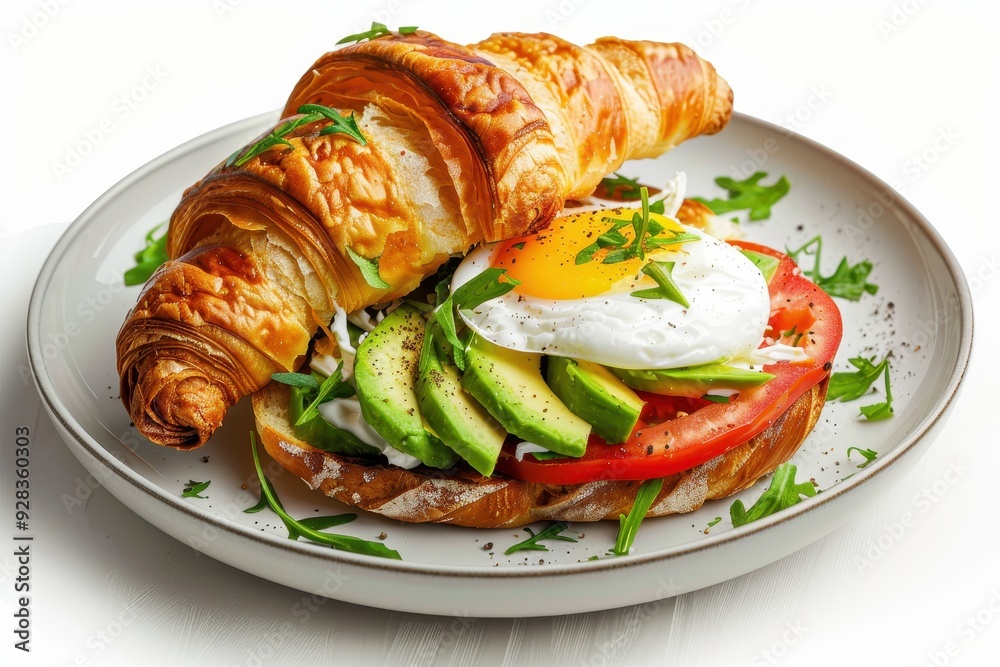 Croissant sandwich with egg tomato avocado on white plate Croissant sandwich with egg tomato avocado on white plate