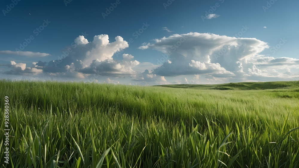 A lush green field with gentle waves of grass, stretching out under a clear blue sky, where soft clouds float lazily above. A lush green field with gentle waves of grass, stretching out under a clear blue sky, where soft clouds float lazily above.