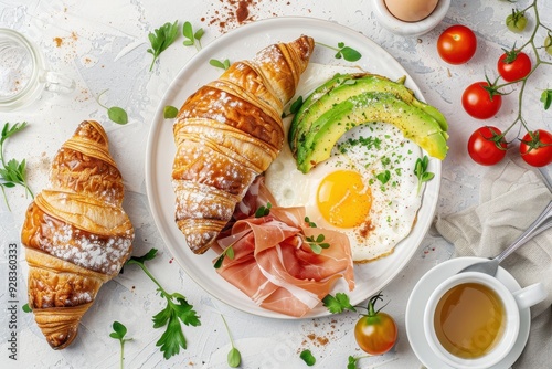 Croissant with prosciutto poached egg jamon blue cheese avocado microgin and cherry tomatoes cup of coffee overhead view on a light surface photo