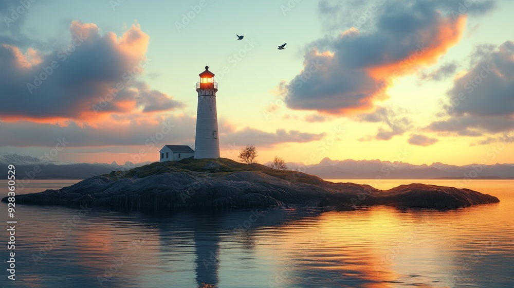 A serene lighthouse on a rocky island during a colorful sunset over calm waters A serene lighthouse on a rocky island during a colorful sunset over calm waters