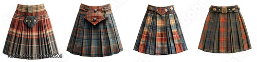 Traditional Scottish kilts set of four plaid wool skirts cultural attire transparent background photo