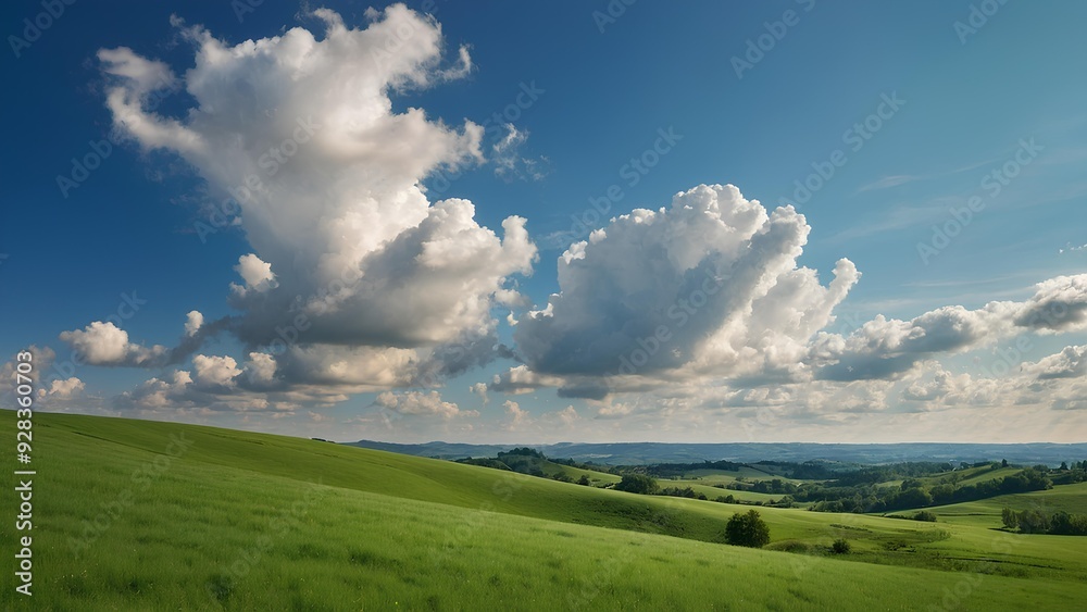 A tranquil green landscape with rolling hills, set beneath a bright blue sky and dotted with a few scattered clouds. A tranquil green landscape with rolling hills, set beneath a bright blue sky and dotted with a few scattered clouds.