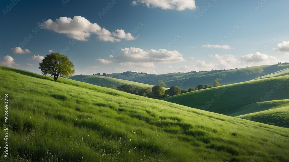 Fototapeta premium A tranquil green landscape with rolling hills, set beneath a bright blue sky and dotted with a few scattered clouds.