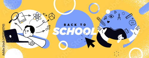 Back to school banner. Vector illustration of education, learning, back to school, online course and training, distance education and e-learning.