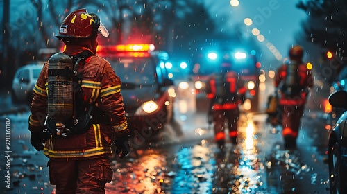 A wide-angle shot of paramedics and firefighters working together to rescue an injured person trapped in a car after a severe accident,