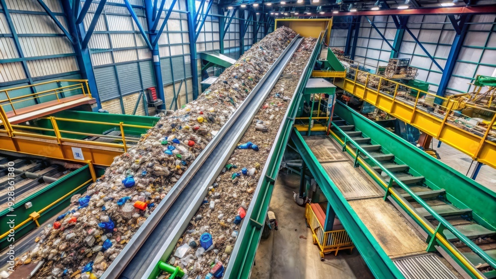 Aerial view of a conveyor belt carrying refuse-derived fuel through an industrial recycling facility, highlighting the advanced waste sorting and processing system. Aerial view of a conveyor belt carrying refuse-derived fuel through an industrial recycling facility, highlighting the advanced waste sorting and processing system.