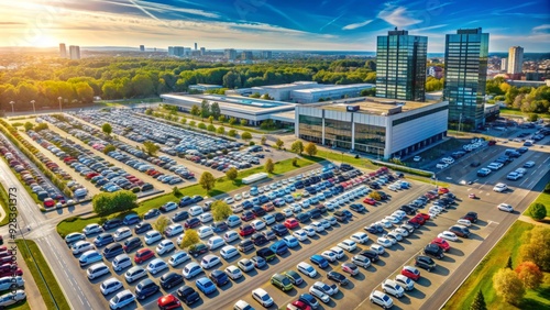 Aerial view of a bustling car dealership lot filled with various shiny new vehicles, surrounded by modern buildings and pavement, with a bright blue sky above. photo