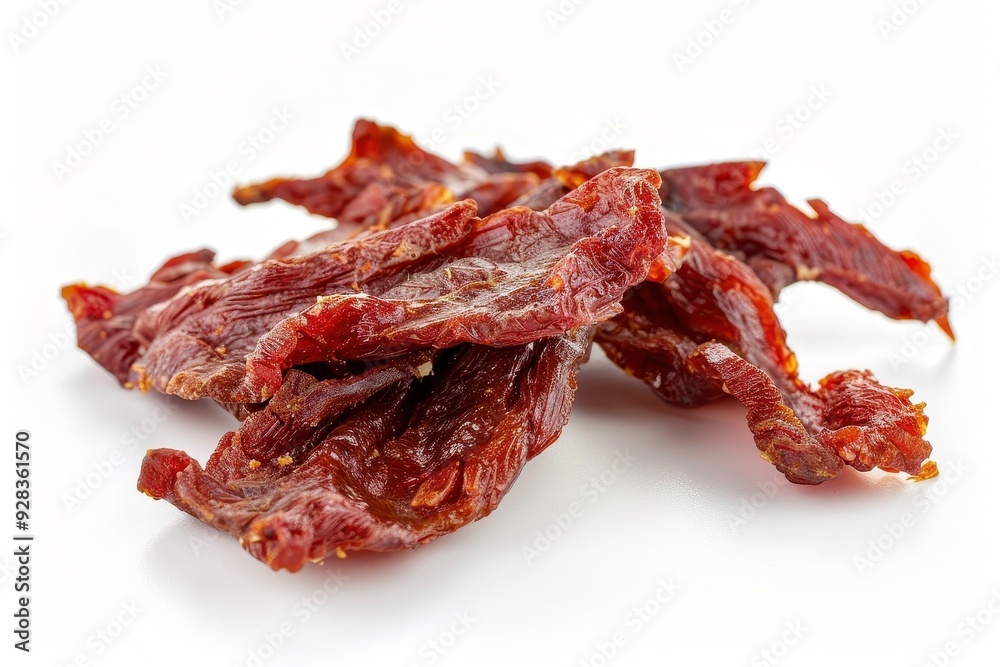 Dehydrated chicken jerky on white background Dehydrated chicken jerky on white background