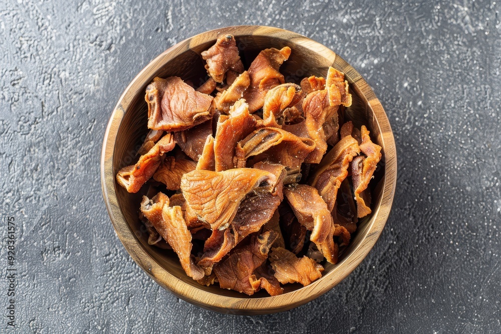 Dehydrated chicken jerky in bowl Top view Dehydrated chicken jerky in bowl Top view