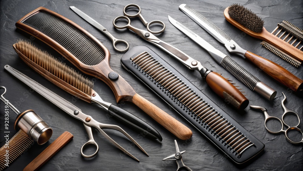 Assorted high-quality hairstyling tools, including scissors, clippers, brushes, and combs, laid out neatly on a sleek black countertop, ready for a skilled hairstylist's use. Assorted high-quality hairstyling tools, including scissors, clippers, brushes, and combs, laid out neatly on a sleek black countertop, ready for a skilled hairstylist's use.