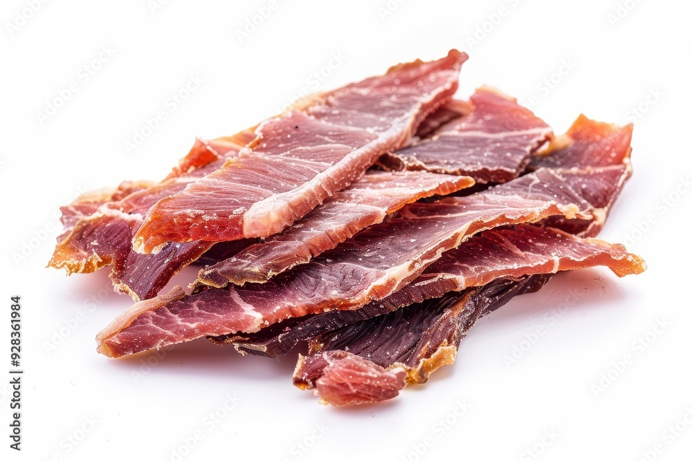 Fototapeta premium Dehydrated turkey fillet slices jerky on white background