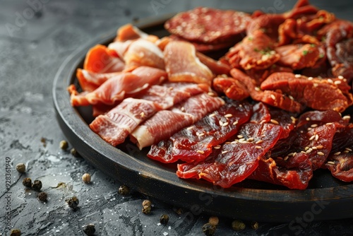 Dehydrated meats on black plate with beer snacks dog treats on rustic background