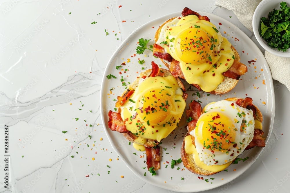 Delicious breakfast concept Eggs benedict on toast with bacon and hollandaise top view on white tile background Delicious breakfast concept Eggs benedict on toast with bacon and hollandaise top view on white tile background