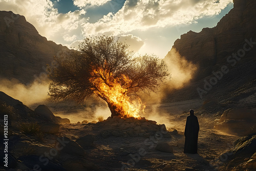 Moses stands in awe as the burning bush ignites against the rugged desert backdrop, symbolizing divine presence and revelation in a breathtaking display photo