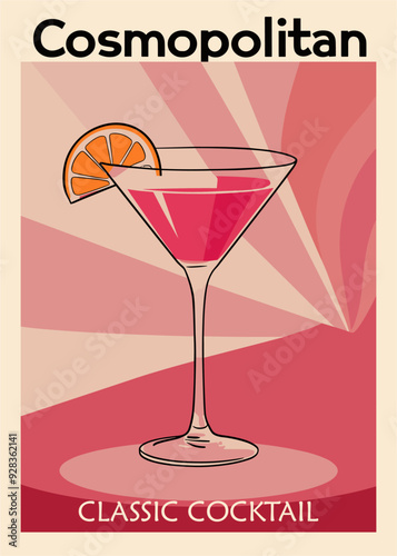 Cosmopolitan Cocktail retro poster. Popular alcohol drink. Vintage flat vector illustration for bar, pub, restaurant, kitchen wall art print.