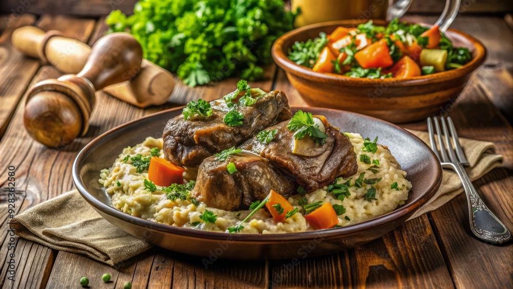 Braised veal shanks with white wine, vegetables, and gremolata, served with risotto and fresh parsley, on a rustic wooden table, warm lighting. Braised veal shanks with white wine, vegetables, and gremolata, served with risotto and fresh parsley, on a rustic wooden table, warm lighting.