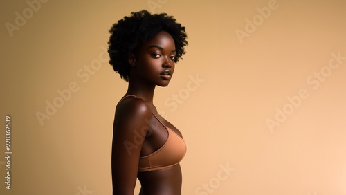 Afro Amerikanerin Influencerin im Fotostudio. Modisches Outfit, perfektes Make-up. Selbstbewusste Pose für Social Media. Lifestyle- und Beauty-Konzept für Werbung