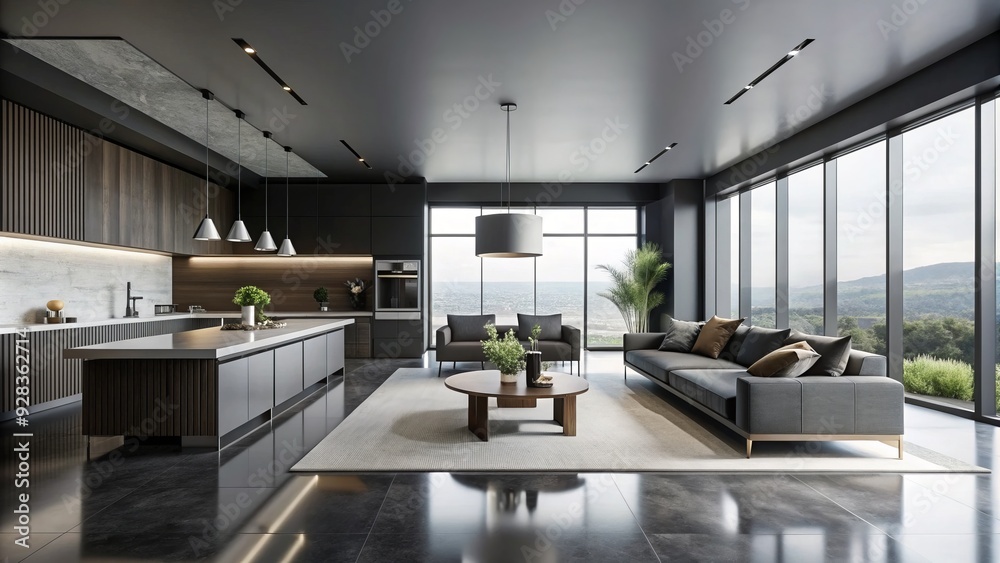 Fototapeta premium minimalist monochromatic interiors sleek lines angular shadows vast open spaces sparse decor high contrast bold black and white dramatic mood