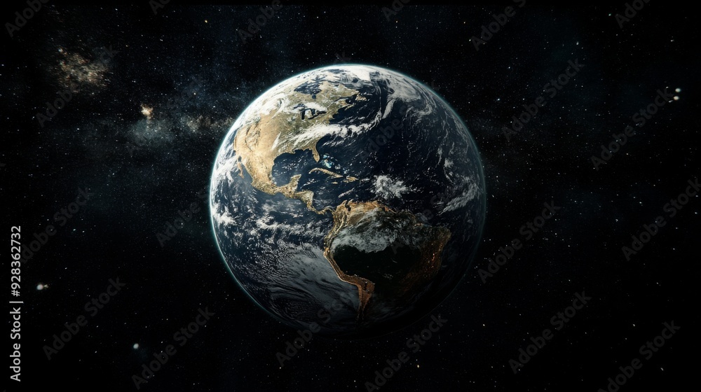 Naklejka premium A stunning image of planet Earth from space, with a deep blue ocean, white clouds, and a dark starry background.