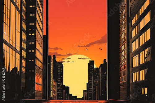 comic book style, split frame, urban street view, silhouette objects, space for text in center