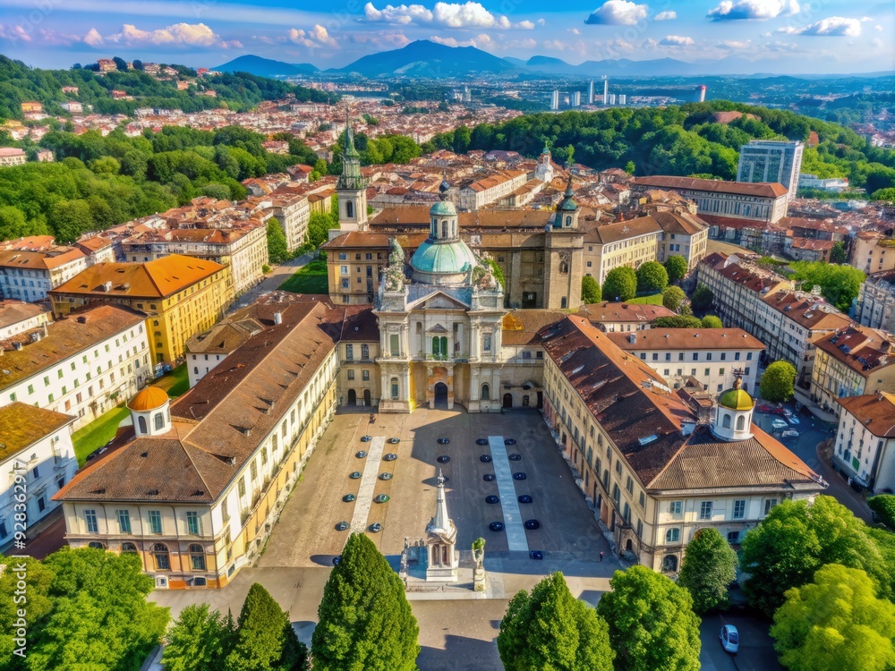 Fototapeta premium Bright summer day aerial view of University of Turin's historic Campus Luigi Einaudi, surrounded by majestic Baroque architecture in the heart of Turin, Italy.