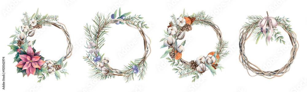 Obraz premium Watercolor set of Christmas wreathes. Spruce branches, pine needles. Hand painted holiday symbols isolated on white background. Seasonal trendy illustration for design or print.