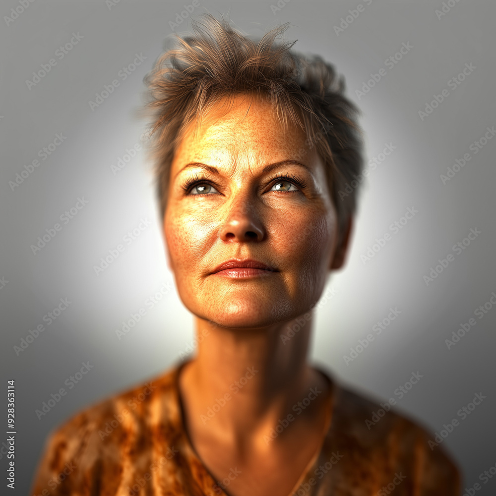 This realistic, close-up portrait captures the essence of a woman in her prime. Her short, styled hair frames a face illuminated by a gentle light source, creating a sense of quiet confidence.