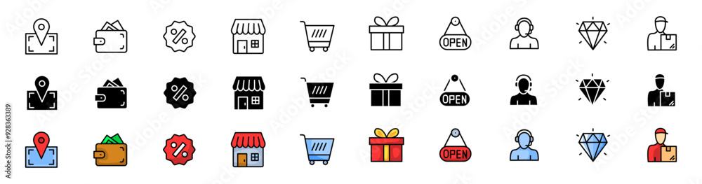 Store icons collection. Linear, silhouette and flat style. Vector icons. Store icons collection. Linear, silhouette and flat style. Vector icons.