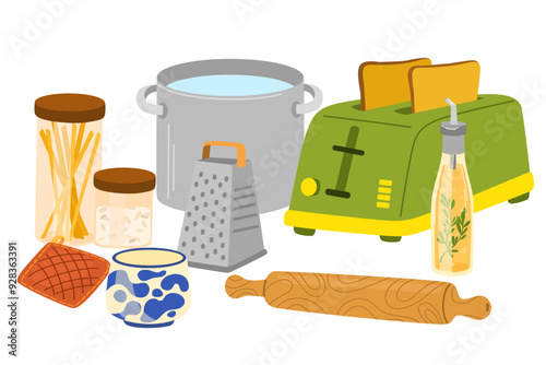 Kitchenware, cooking utensils. Cookware, household tools composition. Kitchen ware, cutlery, saucepans, board, stuff, appliances and equipment. Flat vector illustration isolated on white background