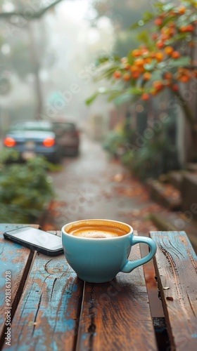 A Blue Mug of Coffee on a Rainy Day in the City