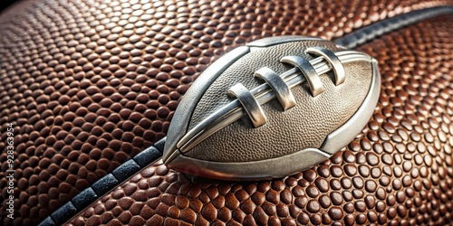 Close-up of a professional American football with a worn, brown leather surface and prominent silver emblem, symbolizing the excitement of the gridiron game. photo