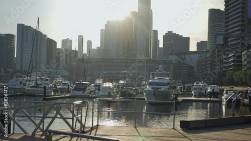 Docklands in Melbourne slow pan at sunrise photo